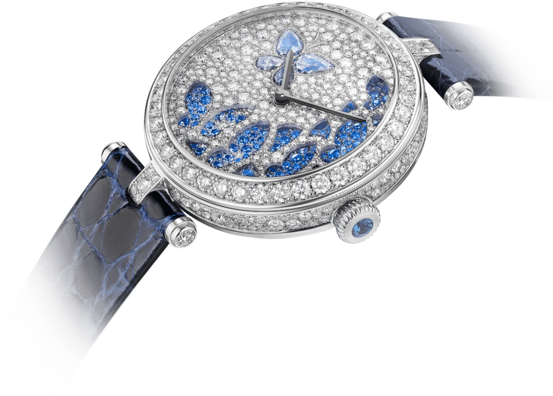 Van Cleef & Arpels,Poetic Complications® 33mm,33mm,White Gold,Silver,Blue,Handwound,Sapphire,Crystal Glass,Round,VCARO8NZ00