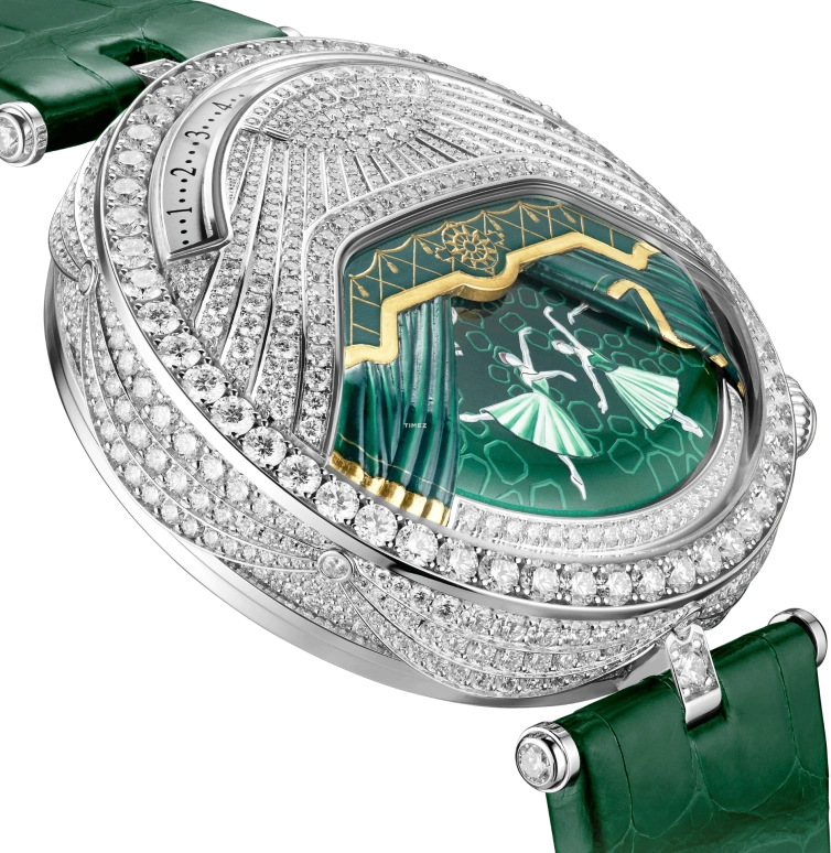 Van Cleef & Arpels,Poetic Complications® 44.50mm,44.50mm,White Gold,Silver,Green,Handwound,Jumping Hours,Retrograde,VCARPEXA00