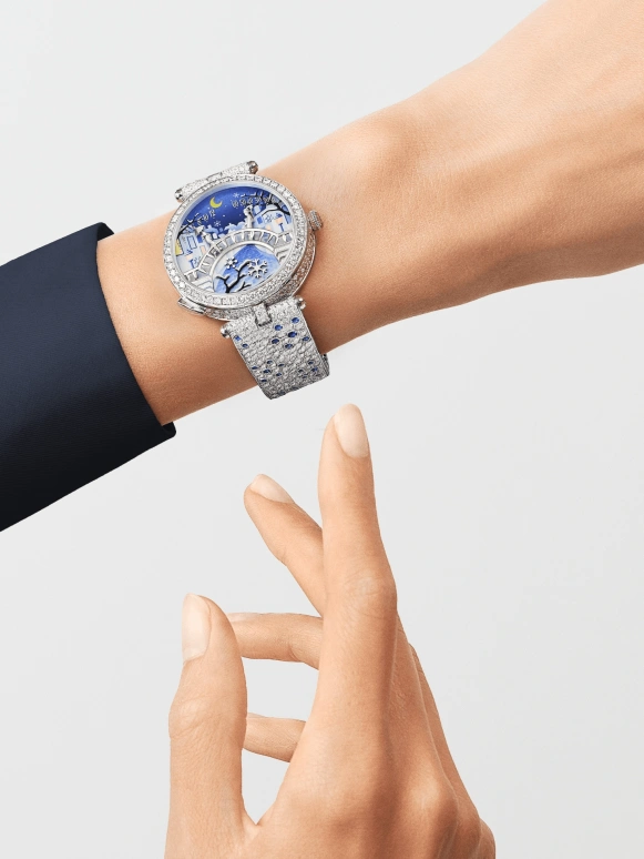 Van Cleef & Arpels,Poetic Complications® 38mm,38mm,White Gold,Multi-Color,Automatic,36hours,Sapphire,Crystal Glass,VCARO8U300