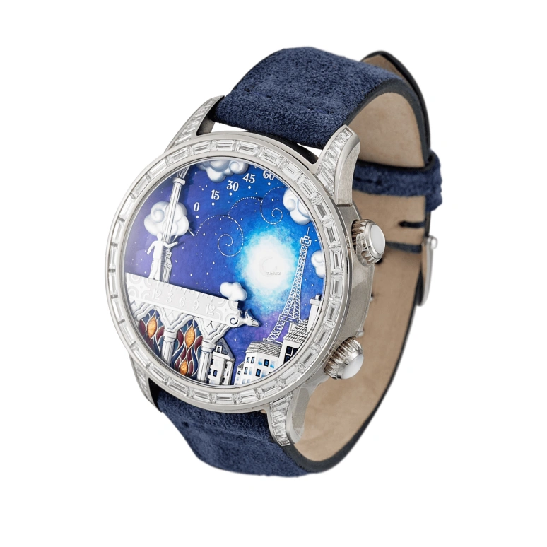 Van Cleef & Arpels,Poetic Complications® 43mm,43mm,White Gold,Blue,Multi-Color,Handwound,Sapphire,Crystal Glass,Round,VCARO30N00