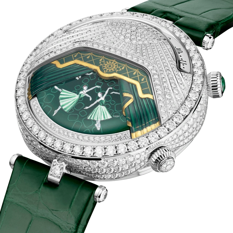 Van Cleef & Arpels,Poetic Complications® 44.50mm,44.50mm,White Gold,Silver,Green,Handwound,Jumping Hours,Retrograde,VCARPEXA00