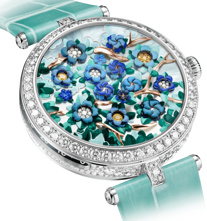 Van Cleef & Arpels,Poetic Complications® 38mm,38mm,White Gold,Blue,Green,White,Multi-Color,Automatic,Sapphire,Crystal Glass,Round,VCARPBJL00