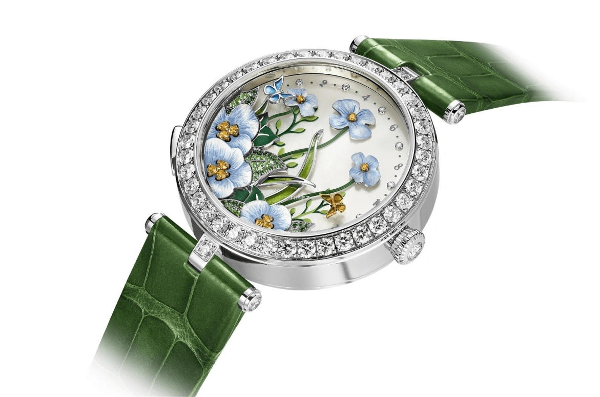 Van Cleef & Arpels,Lady Arpels 38mm,38mm,White Gold,White,Blue,Multi-Color,Green,Automatic,Round,Silver,Brise DEte