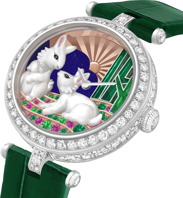 Van Cleef & Arpels,Extraordinary Dials™ 33mm,33mm,White Gold,Multi-Color,Pink,Rose,White,Handwound,Sapphire,Crystal Glass,Round,VCARPBK900