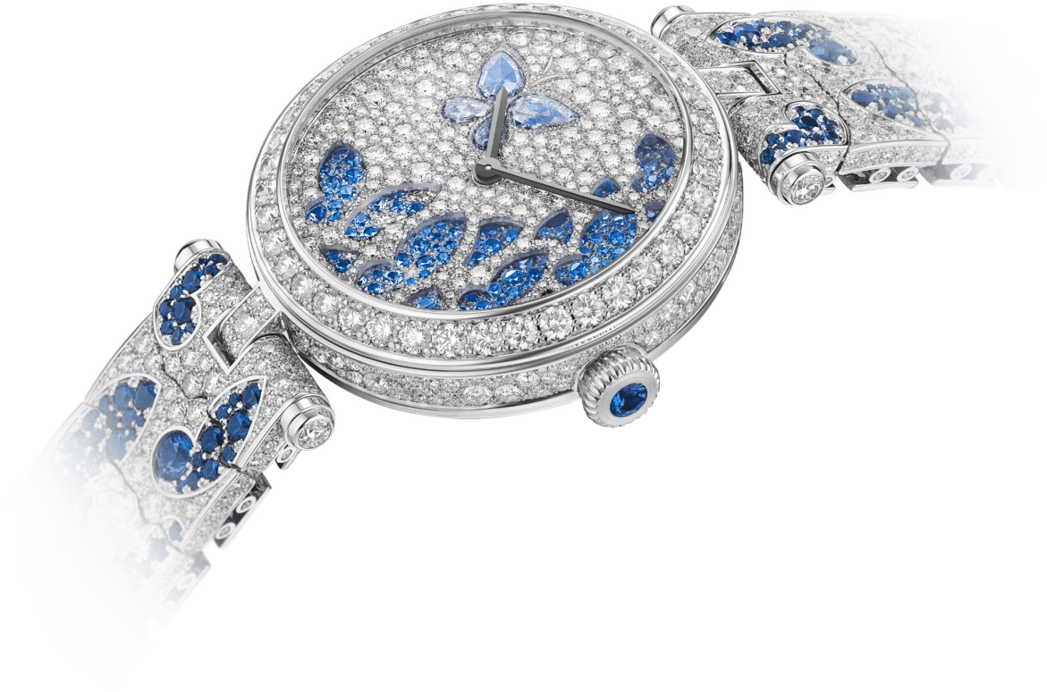 Van Cleef & Arpels,Poetic Complications® 33mm,33mm,White Gold,Silver,Blue,Handwound,Sapphire,Crystal Glass,Round,VCARO8O100