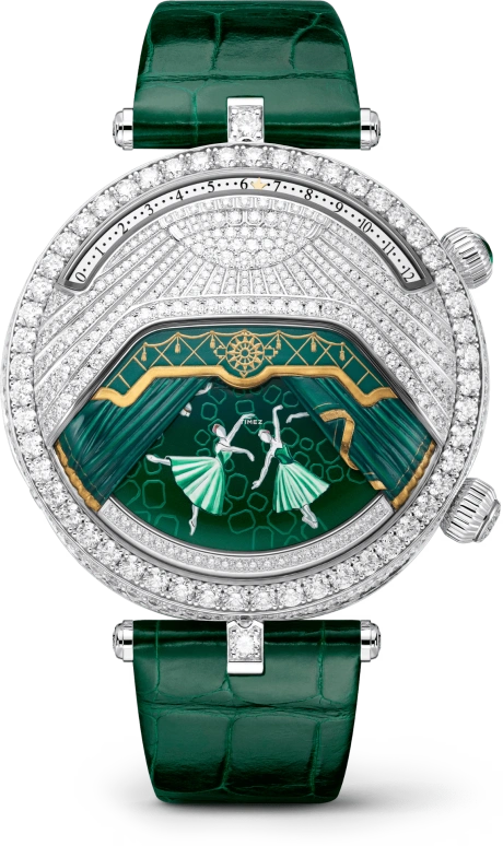 Van Cleef & Arpels,Poetic Complications® 44.50mm,44.50mm,White Gold,Silver,Green,Handwound,Jumping Hours,Retrograde,VCARPEXA00