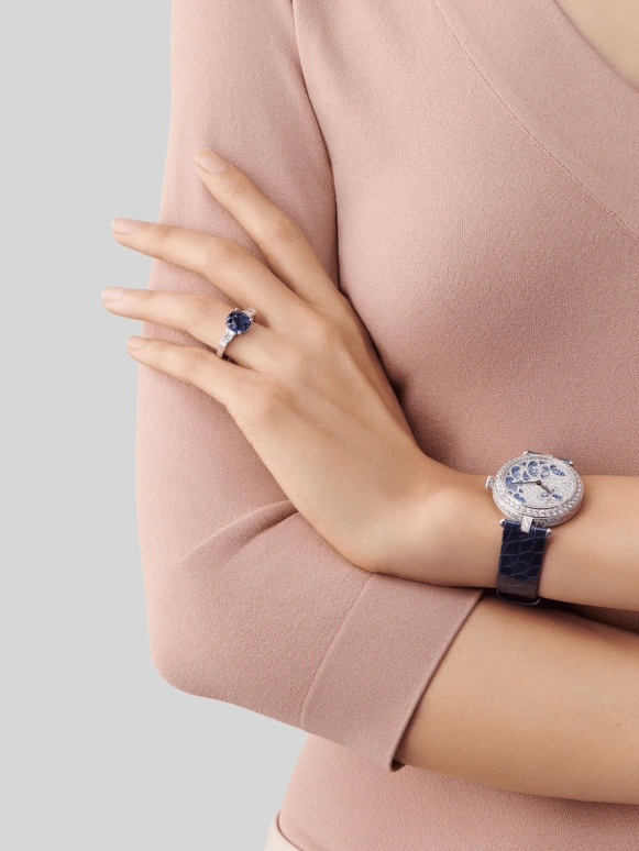 Van Cleef & Arpels,Poetic Complications® 33mm,33mm,White Gold,Silver,Blue,Handwound,Sapphire,Crystal Glass,Round,VCARO8NZ00