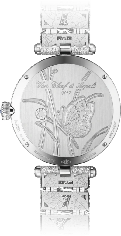 Van Cleef & Arpels,Poetic Complications® 33mm,33mm,White Gold,Silver,Blue,Handwound,Sapphire,Crystal Glass,Round,VCARO8O100