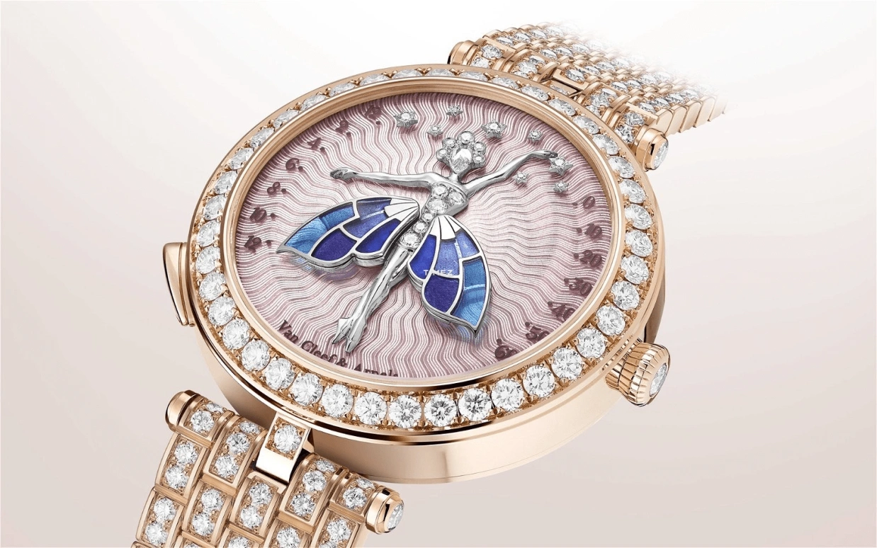 Van Cleef & Arpels,Poetic Complications® 40mm,40mm,Rose Gold,Rose,Blue,Pink,Multi-Color,Handwound,Sapphire,Crystal Glass,Round,VCARPBES00