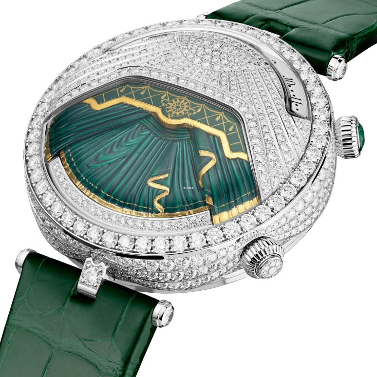 Van Cleef & Arpels,Poetic Complications® 44.50mm,44.50mm,White Gold,Silver,Green,Handwound,Jumping Hours,Retrograde,VCARPEXA00