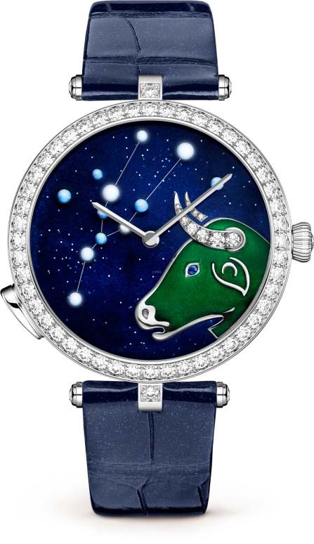 Van Cleef & Arpels,Poetic Complications® 38mm,38mm,White Gold,Transparent,Blue,Green,Automatic,36hours,Sapphire,Crystal Glass,VCARO8TU00