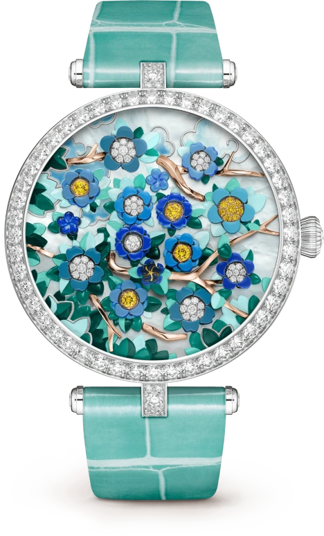 Van Cleef & Arpels,Poetic Complications® 38mm,38mm,White Gold,Blue,Green,White,Multi-Color,Automatic,Sapphire,Crystal Glass,Round,VCARPBJL00