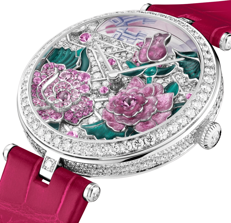 Van Cleef & Arpels,Extraordinary Dials™ 41mm,41mm,White Gold,Rose,Pink Red,Multi-Color,Red,Sapphire,Crystal Glass,Setting,Diamonds,VCARO8YW00