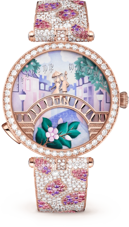 Van Cleef & Arpels,Poetic Complications® 38mm,38mm,Rose Gold,Rose,Multi-Color,Automatic,36hours,Sapphire,Crystal Glass,VCARO8U000