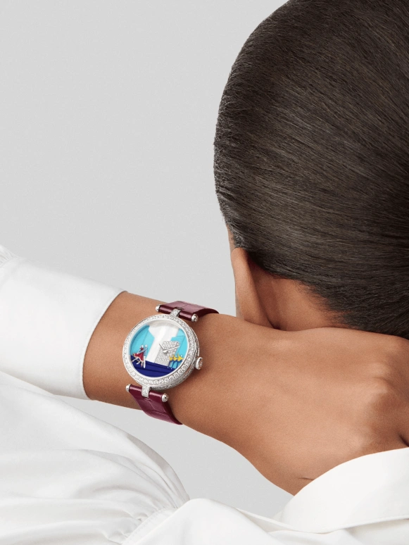 Van Cleef & Arpels,Extraordinary Dials™ 33mm,33mm,White Gold,Turquoise,White,Blue,Multi-Color,Handwound,Sapphire,Crystal Glass,Round,VCARO8Z300
