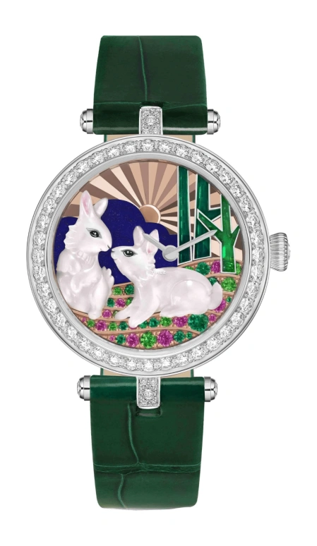 Van Cleef & Arpels,Extraordinary Dials™ 33mm,33mm,White Gold,Multi-Color,Pink,Rose,White,Handwound,Sapphire,Crystal Glass,Round,VCARPBK900