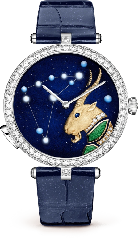 Van Cleef & Arpels,Poetic Complications® 38mm,38mm,White Gold,Transparent,Blue,Green,Automatic,36hours,Sapphire,Crystal Glass,VCARO8TO00