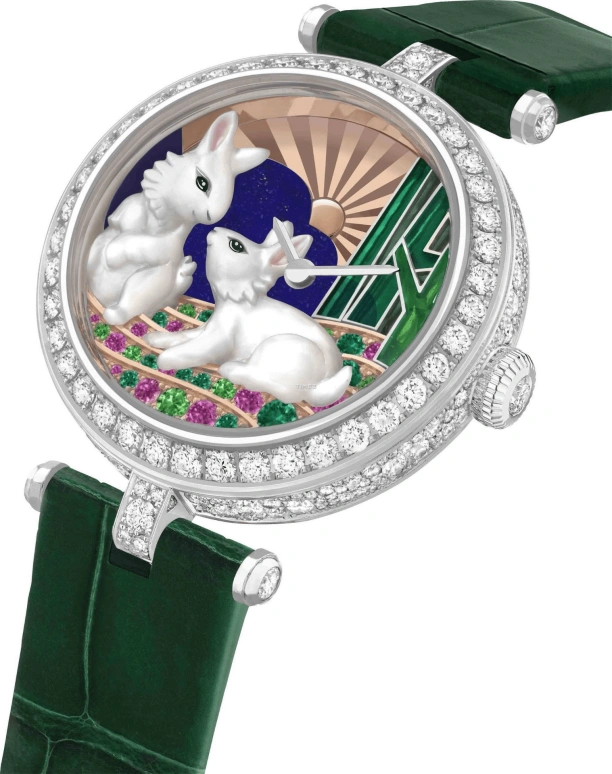 Van Cleef & Arpels,Extraordinary Dials™ 33mm,33mm,White Gold,Multi-Color,Pink,Rose,White,Handwound,Sapphire,Crystal Glass,Round,VCARPBK900