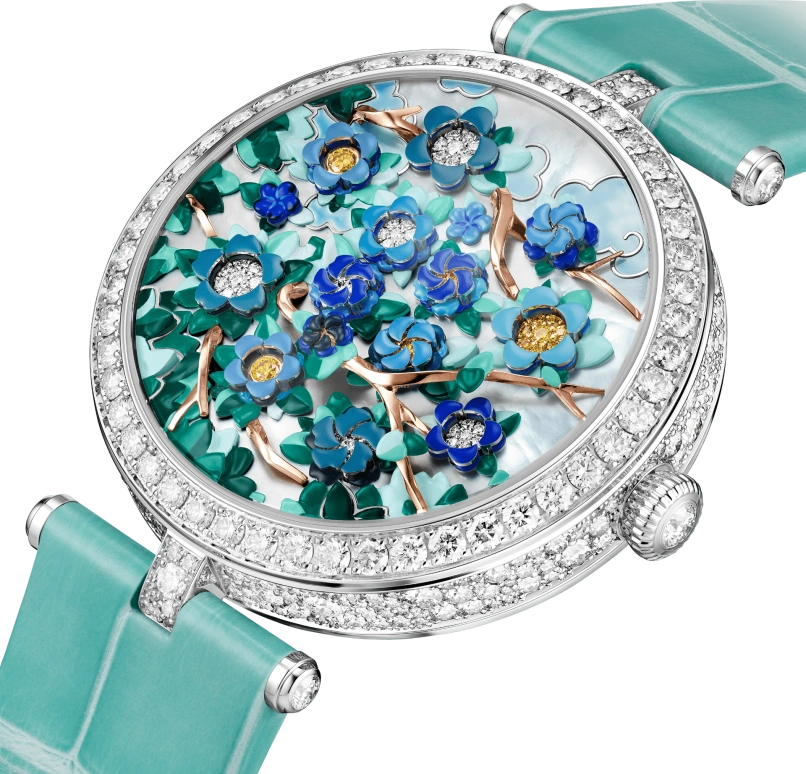 Van Cleef & Arpels,Poetic Complications® 38mm,38mm,White Gold,Blue,Green,White,Multi-Color,Automatic,Sapphire,Crystal Glass,Round,VCARPBJL00