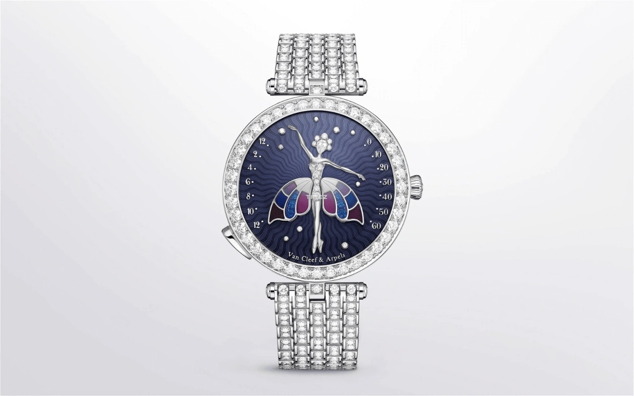 Van Cleef & Arpels,Poetic Complications® 40mm,40mm,White Gold,Blue,Multi-Color,Handwound,Sapphire,Crystal Glass,Round,VCARPBIW00