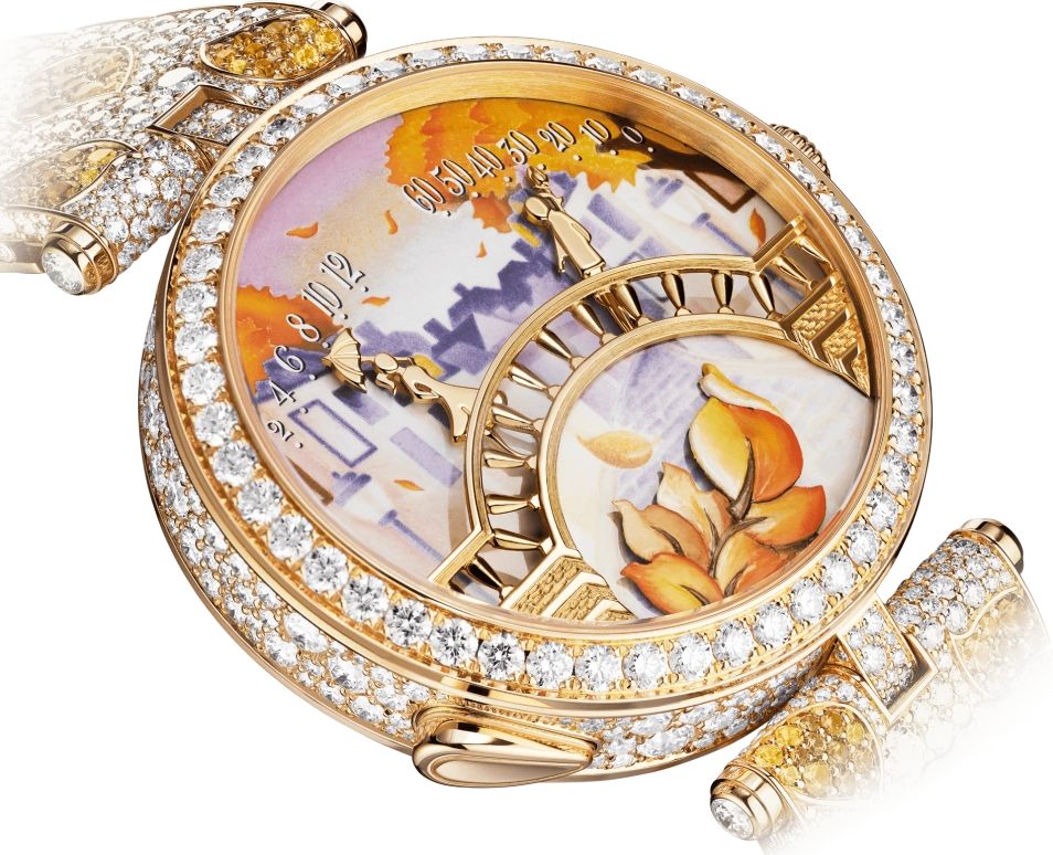 Van Cleef & Arpels,Poetic Complications® 38mm,38mm,Yellow Gold,Multi-Color,Automatic,36hours,Sapphire,Crystal Glass,VCARO8U200