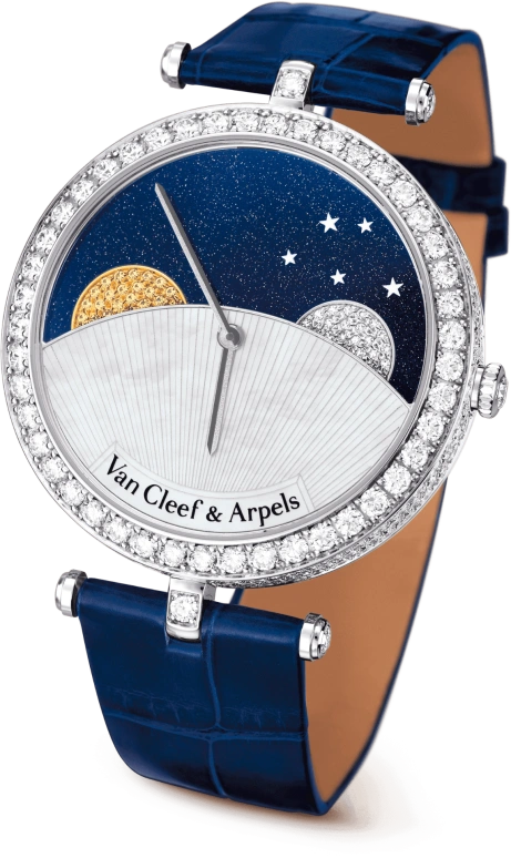 Van Cleef & Arpels,Poetic Complications® 38mm,38mm,White Gold,White,Yellow,Sapphire,Crystal Glass,Setting,Diamonds,VCARN25800