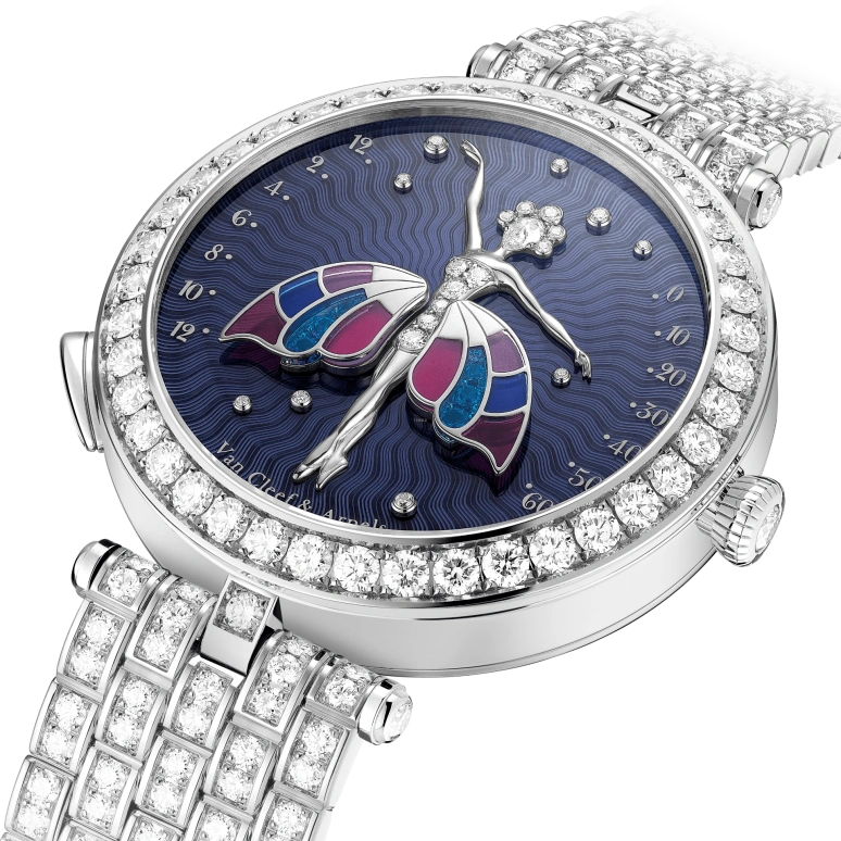Van Cleef & Arpels,Poetic Complications® 40mm,40mm,White Gold,Blue,Multi-Color,Handwound,Sapphire,Crystal Glass,Round,VCARPBIW00