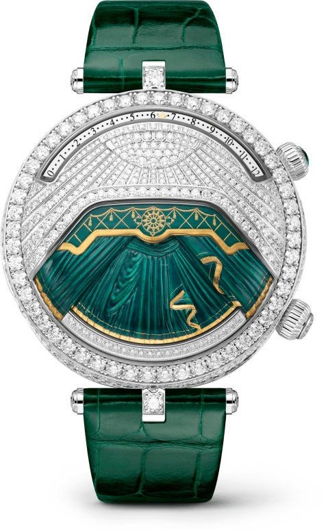 Van Cleef & Arpels,Poetic Complications® 44.50mm,44.50mm,White Gold,Sapphire,Crystal Glass,Setting,Diamonds,Diamonds,VCARO90500