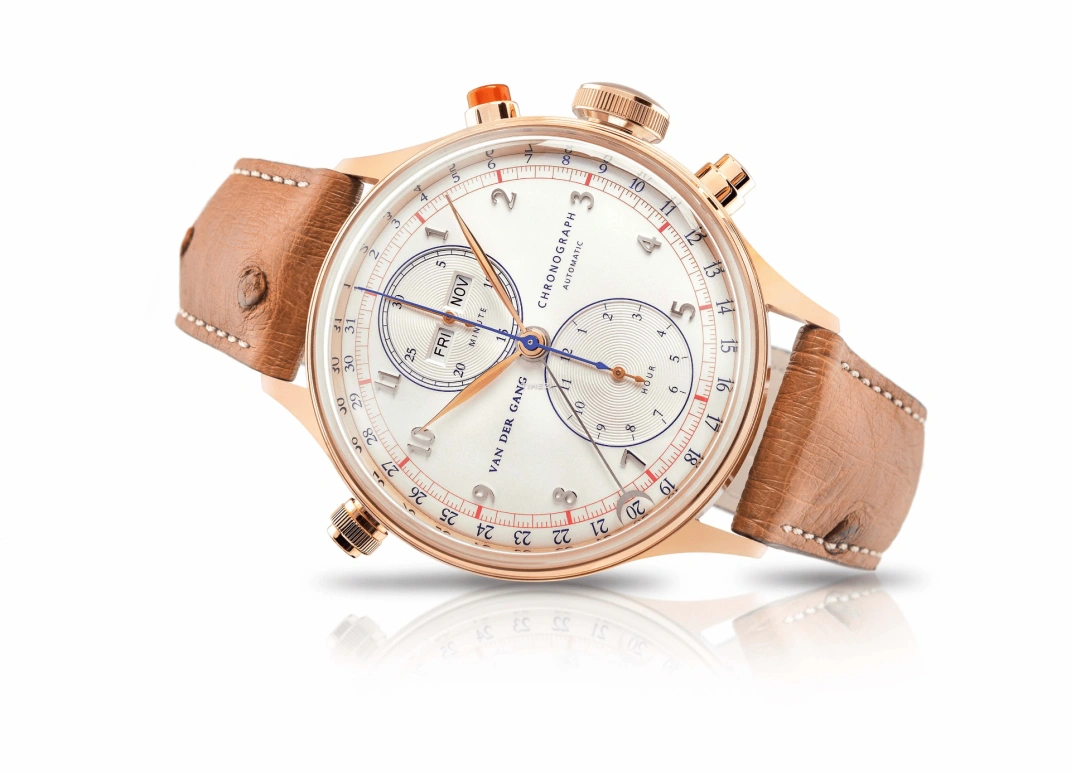Van der Gang Watches,Original 41mm,41mm,Rose Gold,White,Automatic,Chronograph,Month,Date,Day,42hours,Sapphire,Crystal Glass,20052GW,20052GW-TRg