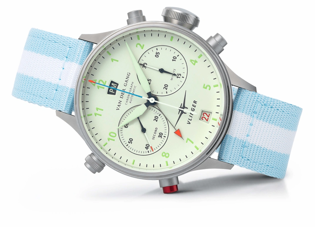 Van der Gang Watches,Vlieger 41mm,41mm,Stainless Steel,White,Automatic,Chronograph,Day,Dule Time,GMT,42hours,Sapphire,Crystal Glass,20045BW,20045BW-G