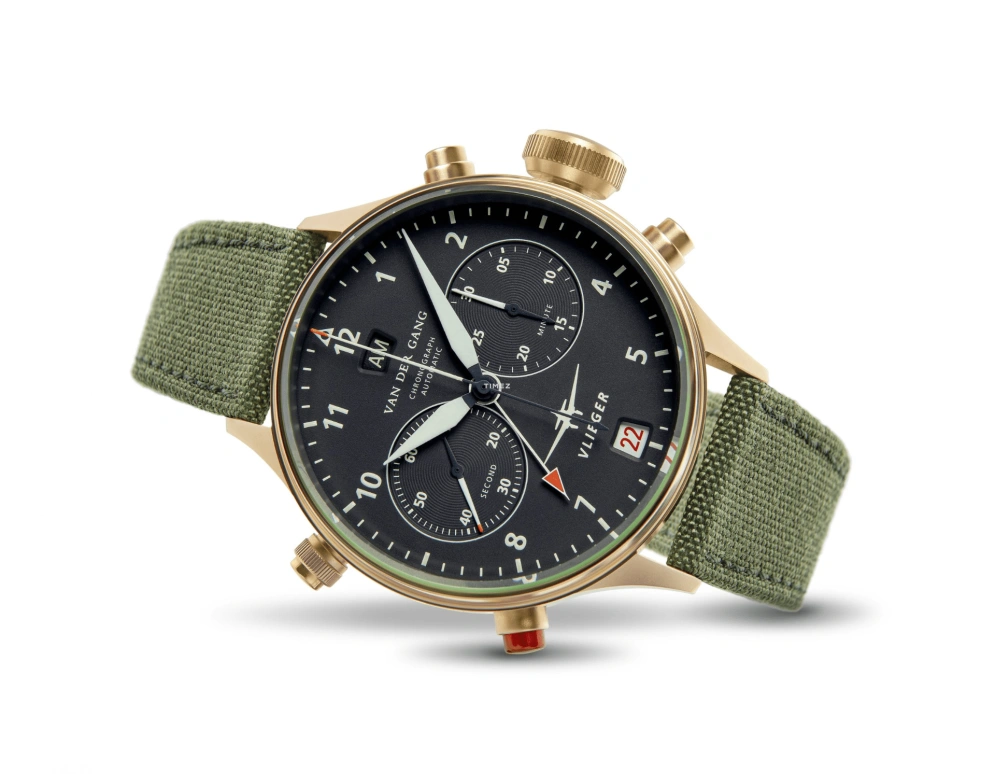 Van der Gang Watches,Vlieger 41mm,41mm,Yellow Gold,Black,Automatic,Chronograph,Day,Dule Time,GMT,42hours,Sapphire,Crystal Glass,20045GA,20045GA-G