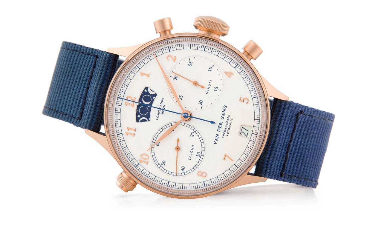 Van der Gang Watches,Chronograaf 41mm,41mm,Rose Gold,White,Automatic,Chronograph,Moonphase,Day,20024,20024-Satine