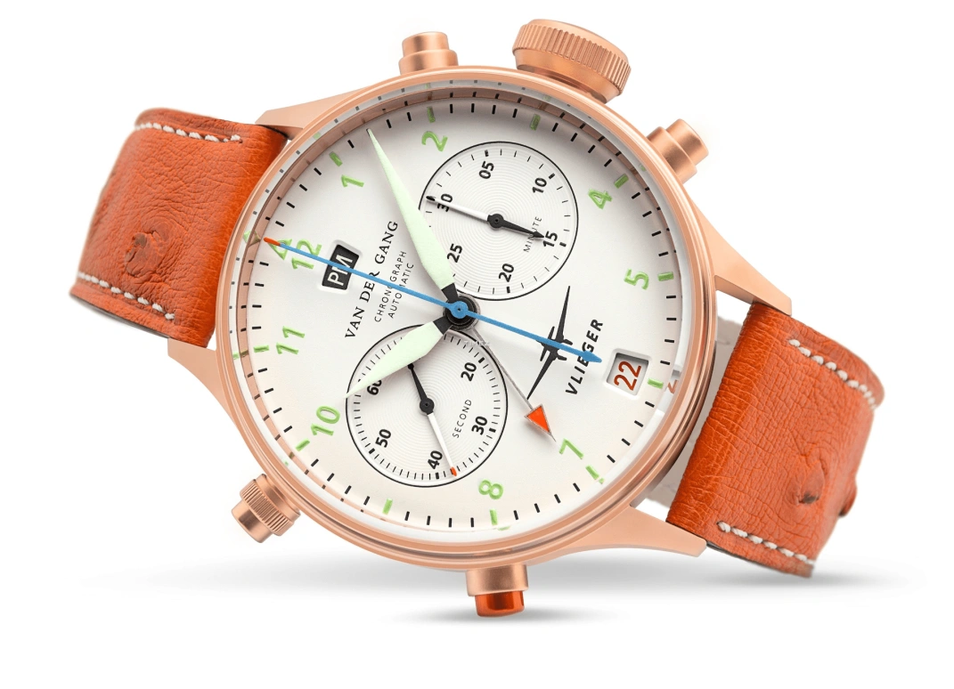 Van der Gang Watches,Vlieger 41mm,41mm,Red Gold,White,Automatic,Chronograph,Day,Dule Time,GMT,42hours,Sapphire,Crystal Glass,20045GW,20045GW-T