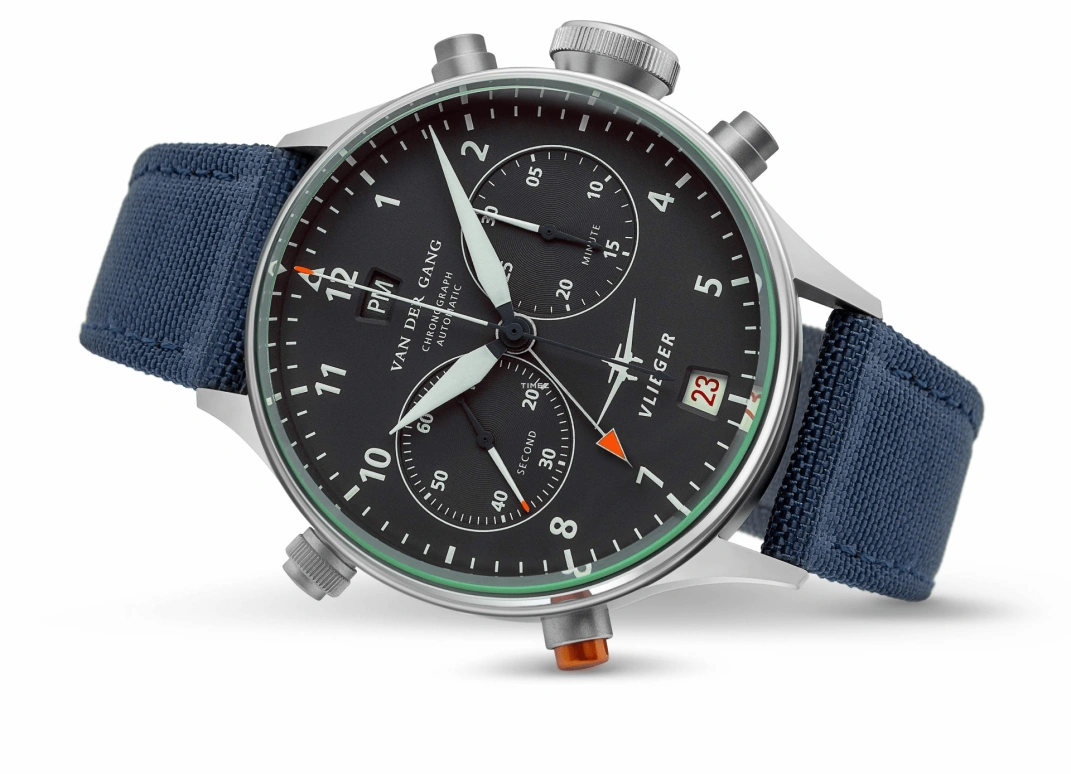 Van der Gang Watches,Vlieger 41mm,41mm,Stainless Steel,Black,Automatic,Chronograph,Day,Dule Time,GMT,42hours,Sapphire,Crystal Glass,20045BA,20045BA-G