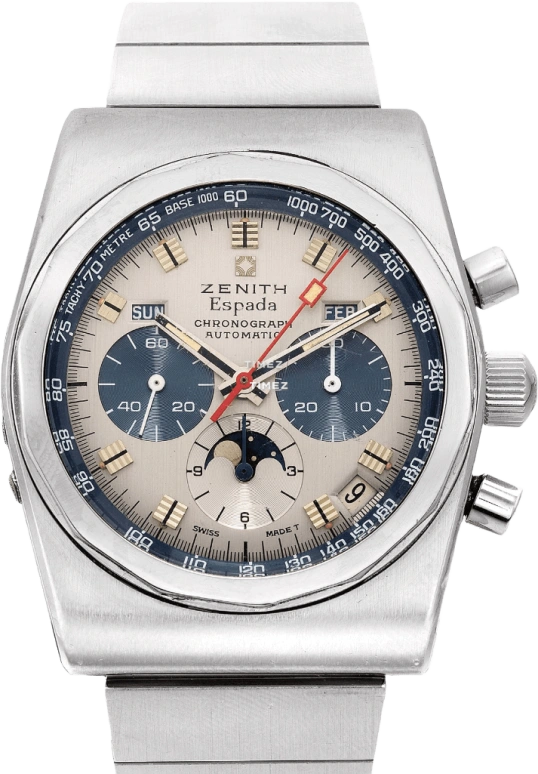 Zenith,El Primero 39mm,39mm,Stainless Steel,Silver,Automatic,Chronograph,Moonphase,Month,Day,Tonneau,Natural Steel,01,01.0040.418