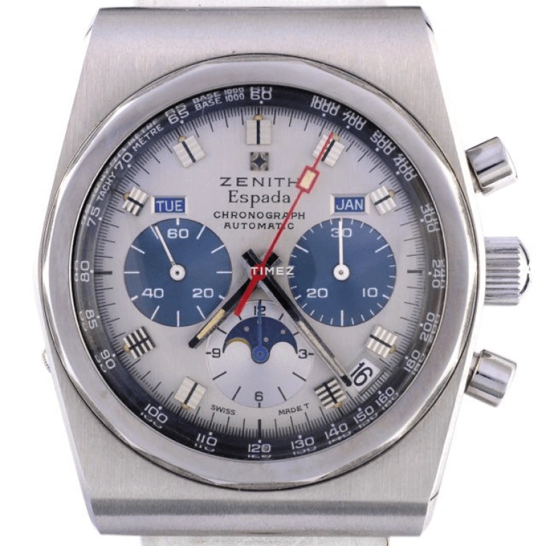 Zenith,Icons 38mm,38mm,Stainless Steel,Blue,Silver White,Automatic,Chronograph,Moonphase,Month,Date,Tonneau,Silver,A7817