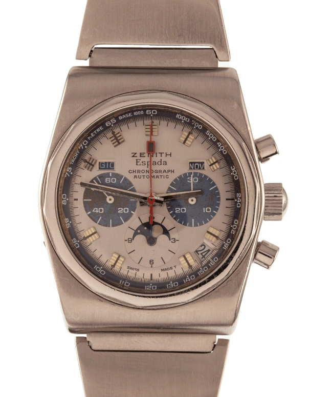 Zenith,El Primero 39mm,39mm,Stainless Steel,Silver,Automatic,Chronograph,Moonphase,Month,Day,Tonneau,Natural Steel,01,01.0040.418
