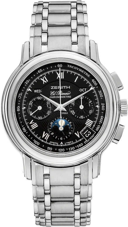 Zenith,Other 40mm,40mm,Stainless Steel,Black,Automatic,Chronograph,Moonphase,Annual Calendar,Day,Sapphire,Crystal Glass,Round,02,02.0240.410.23M2