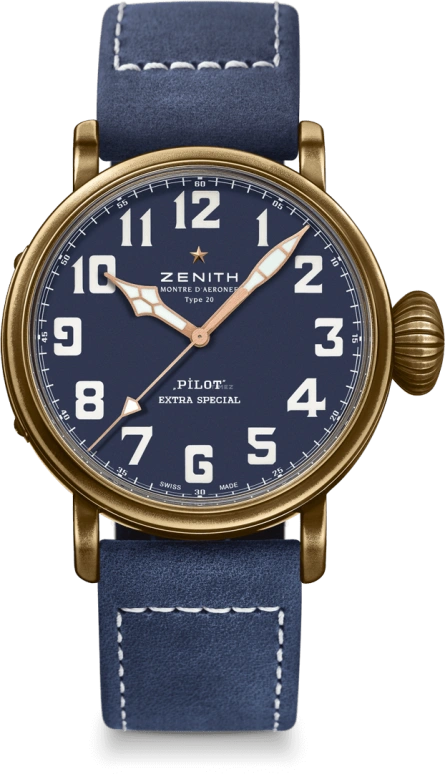 Zenith,Pilot 45mm,45mm,Titanium,Bronze,Blue,Automatic,Day,55hours,29,29.2430.679/57.C808
