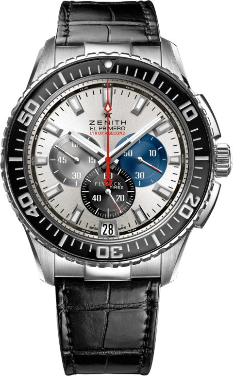 Zenith,El Primero 45.50mm,45.50mm,Stainless Steel,Silver,Automatic,Foudroyante,Chronograph,Day,Flyback,In-house Caliber,Sapphire,Crystal Glass,03,03.2060.4057/69.C714