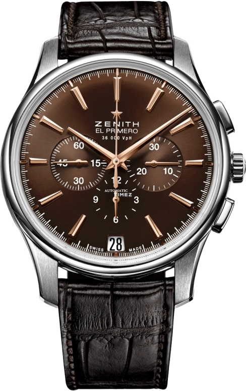 Zenith,Elite 42mm,42mm,Stainless Steel,Brown,Automatic,Chronograph,Day,03,03.2110.400/75.C498